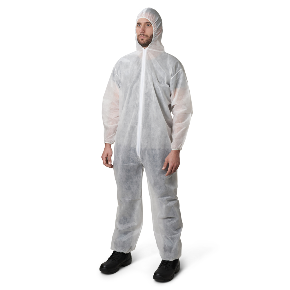 KleenGuard™ KGA10 Lightweight Coveralls for Non-Hazardous Particulate Protection (67308), Zipper Front, Elastic Wrists, Elastic Ankles & Hood, White, Medium (Qty 50) - 67308