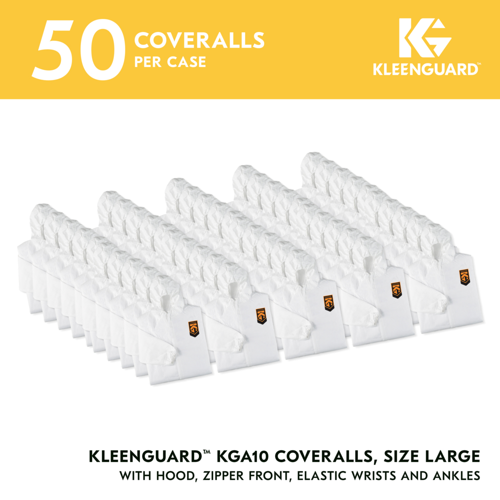 KleenGuard™ KGA10 Lightweight Coveralls for Non-Hazardous Particulate Protection (67309), Zipper Front, Elastic Wrists, Elastic Ankles & Hood, White, Large (Qty 50) - 67309