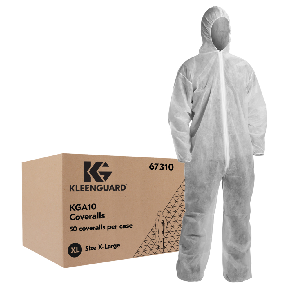 KleenGuard™ KGA10 Combinaison légère pour la protection contre les particules non dangereuses (67310), fermeture à glissière avant, poignets élastiques, chevilles élastiques et capuchon, blanc, XL (Qty 50) - 67310