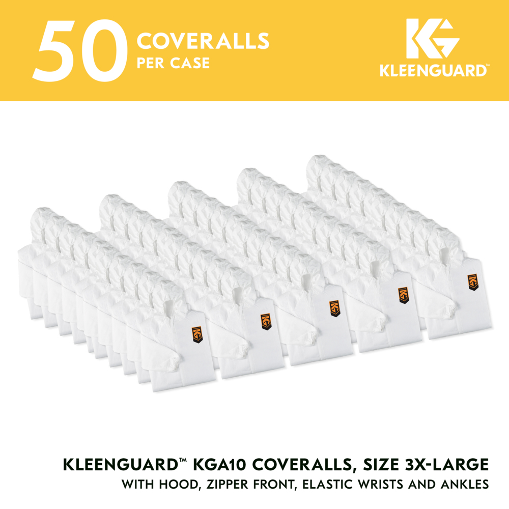 KleenGuard™ KGA10 Lightweight Coveralls for Non-Hazardous Particulate Protection (67312), Zipper Front, Elastic Wrists, Elastic Ankles & Hood, White, 3XL (Qty 50) - 67312