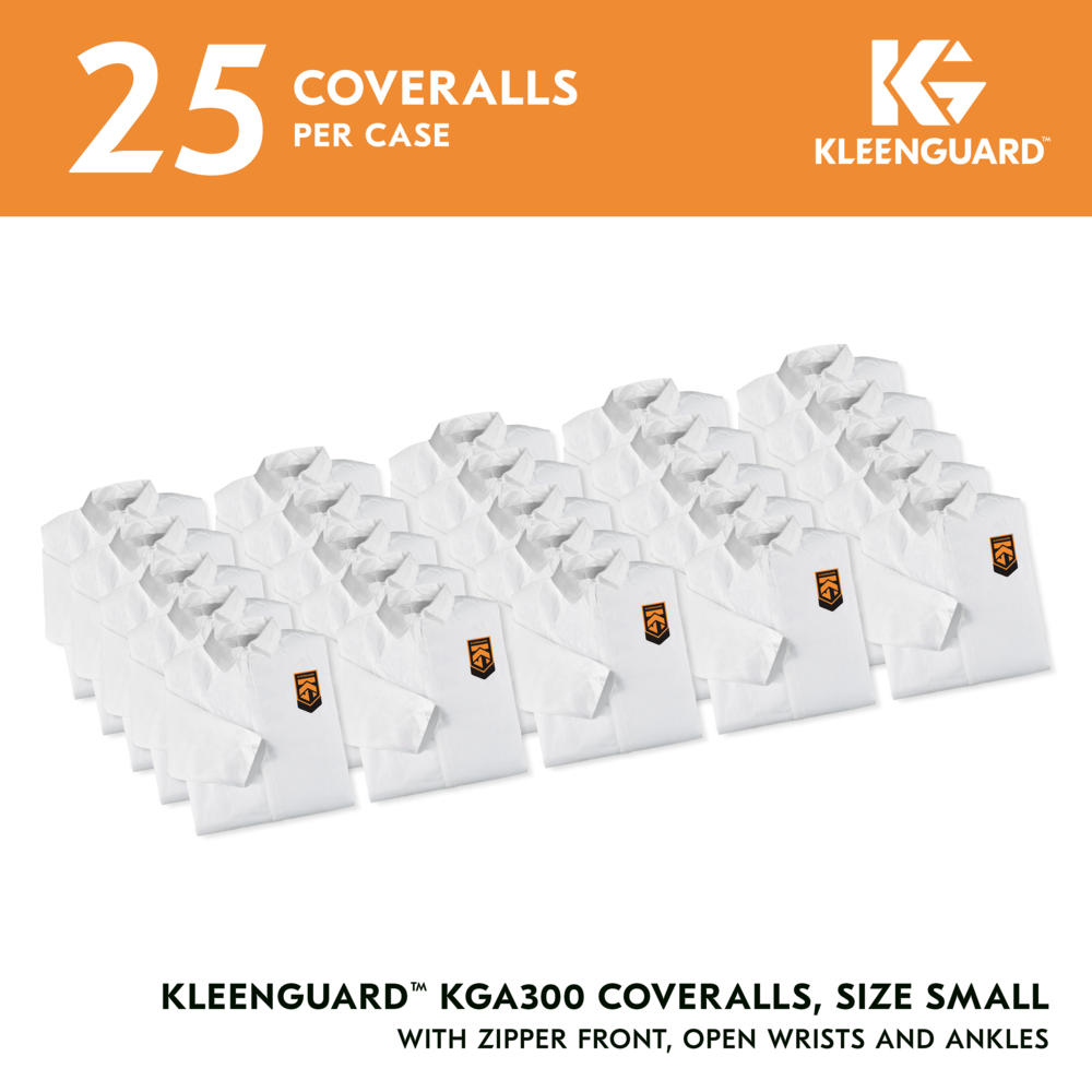 KleenGuard™ KGA300 Liquid & Particle Surface Prep & Paint Protection Coveralls (41483), Zipper Front, White, Reflex Design, Small (Qty 25) - 41483