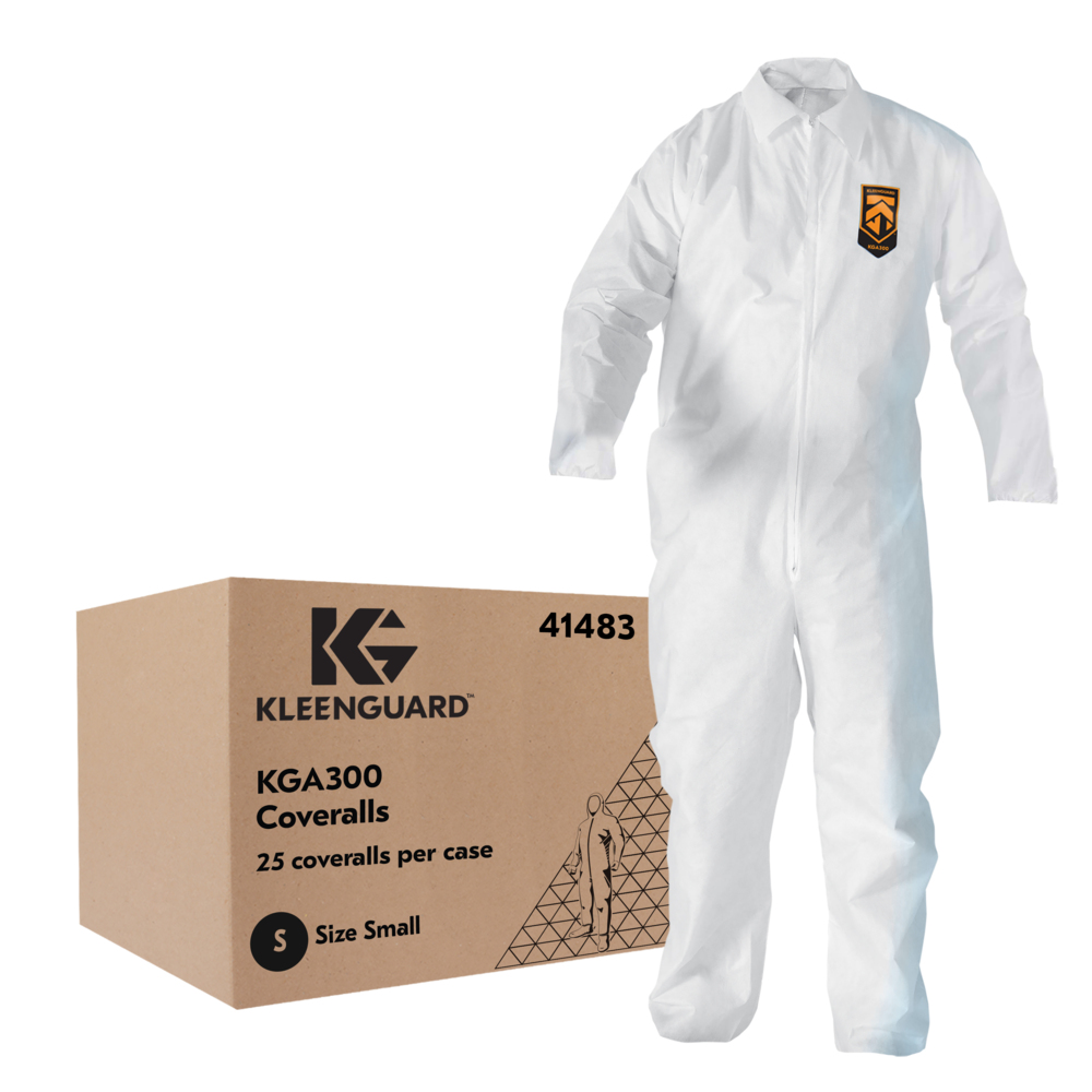 KleenGuard™ KGA300 Liquid & Particle Surface Prep & Paint Protection Coveralls (41483), Zipper Front, White, Reflex Design, Small (Qty 25) - 41483