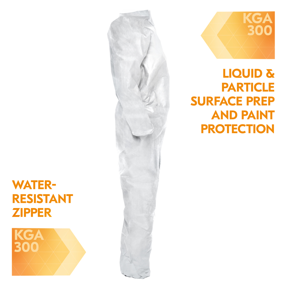 KleenGuard™ KGA300 Liquid & Particle Surface Prep & Paint Protection Coveralls (41493), Zipper Front, Elastic Wrists & Ankles, White, Reflex Design, Large (Qty 25) - 41493