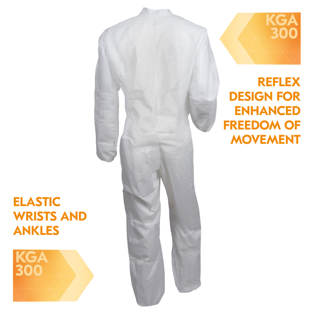 KleenGuard™ KGA300 Liquid & Particle Surface Prep & Paint Protection Coveralls (41493), Zipper Front, Elastic Wrists & Ankles, White, Reflex Design, Large (Qty 25) - 41493