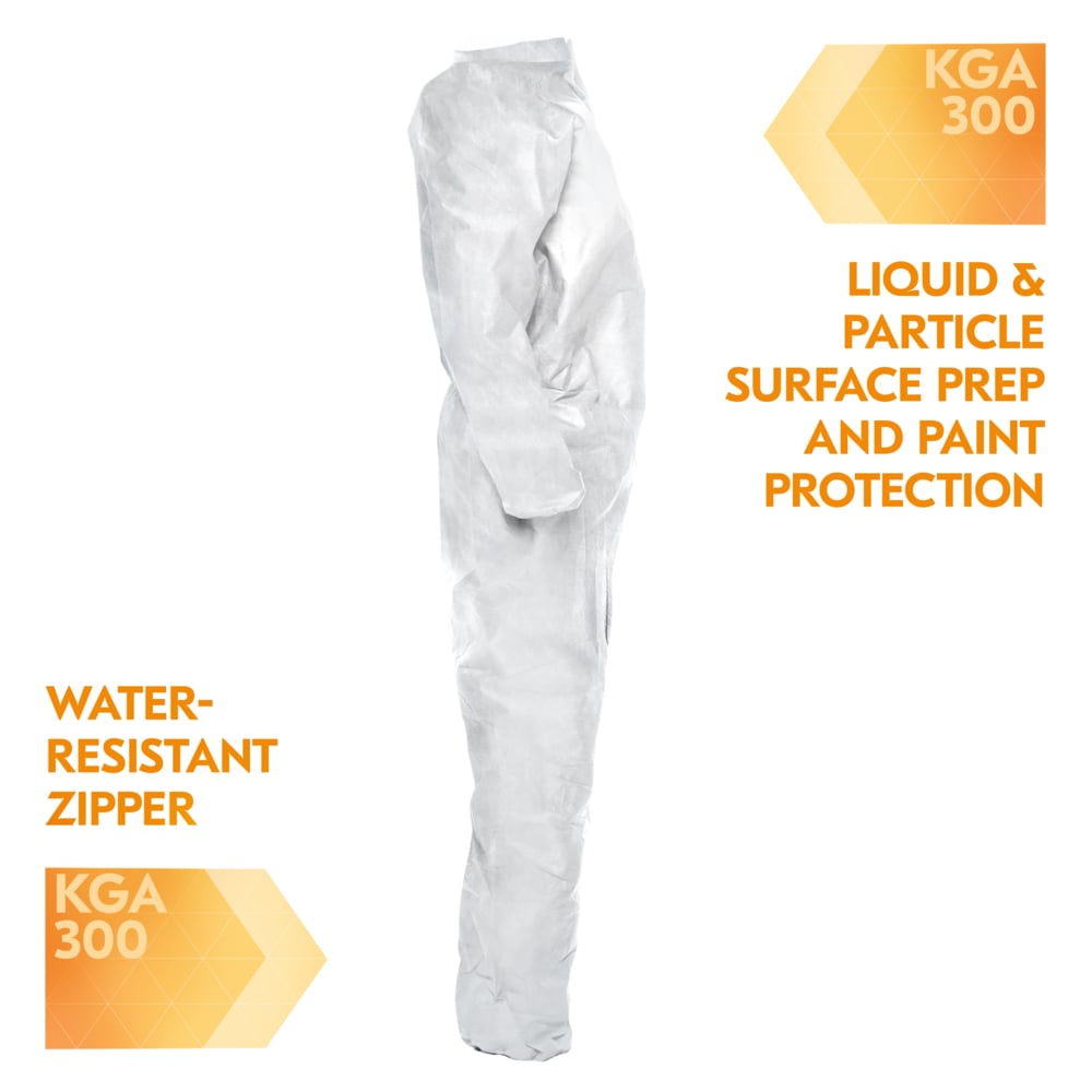 KleenGuard™ KGA300 Liquid & Particle Surface Prep & Paint Protection Coveralls (41494), Zipper Front, Elastic Wrists & Ankles, White, Reflex Design, XL (Qty 25) - 41494