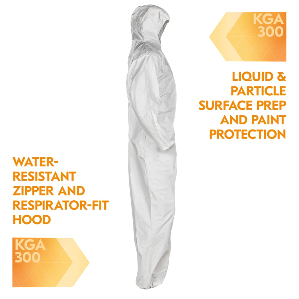 KleenGuard™ KGA300 Liquid & Particle Surface Prep & Paint Protection Coveralls (41504), Zipper Front, Elastic Wrists, Ankles & Hood, White, Reflex Design, Medium (Qty 25) - 41504