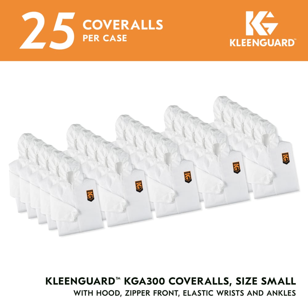 KleenGuard™ KGA300 Liquid & Particle Surface Prep & Paint Protection Coveralls (41503), Zipper Front, Elastic Wrists, Ankles & Hood, White, Reflex Design, Small (Qty 25) - 41503