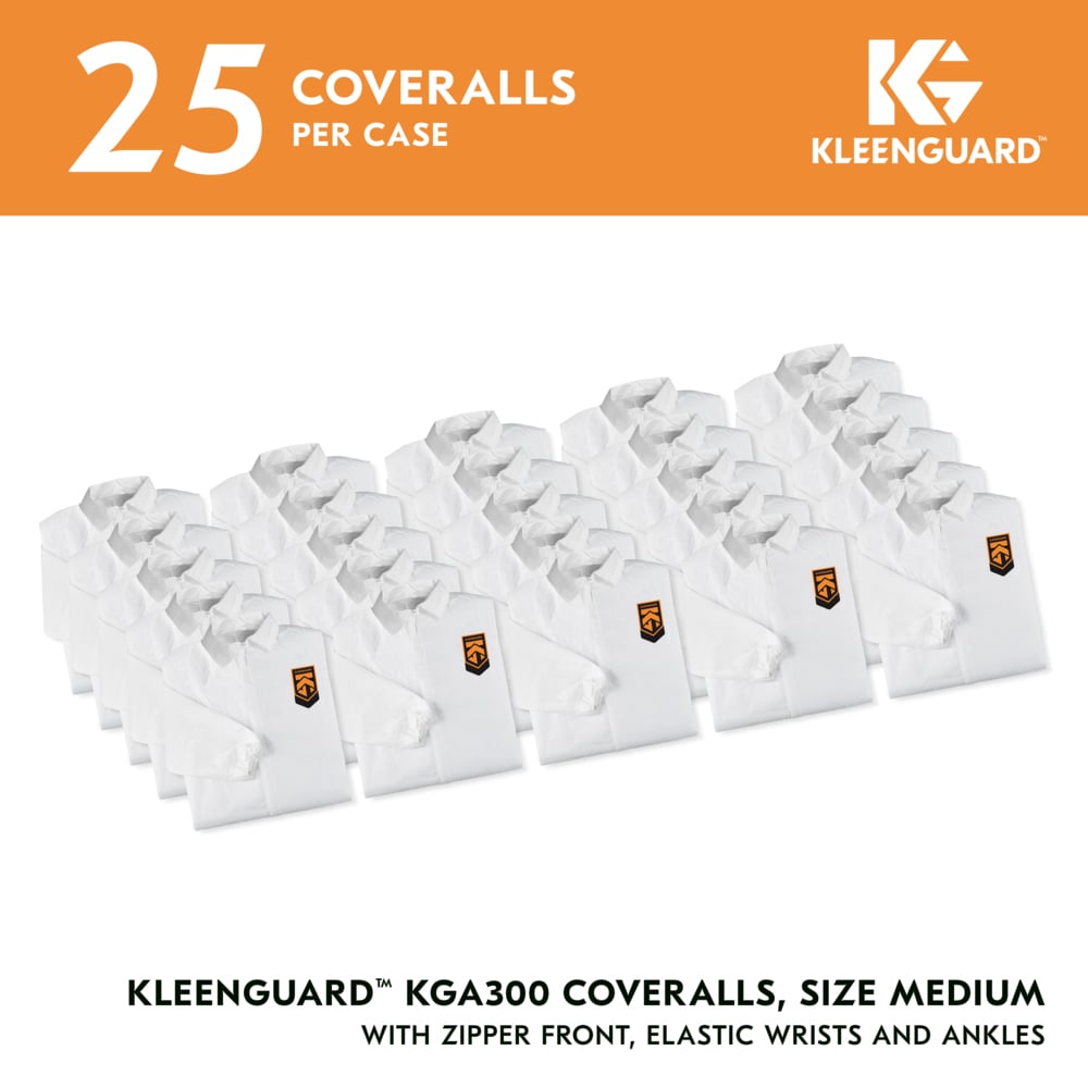 KleenGuard™ KGA300 Liquid & Particle Surface Prep & Paint Protection Coveralls (41492), Zipper Front, Elastic Wrists & Ankles, White, Reflex Design, Medium (Qty 25) - 41492