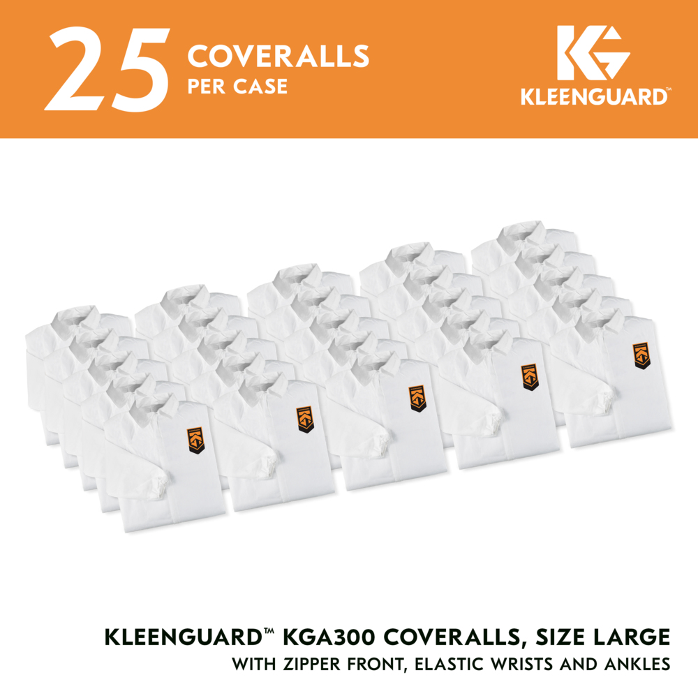 KleenGuard™ KGA300 Liquid & Particle Surface Prep & Paint Protection Coveralls (41493), Zipper Front, Elastic Wrists & Ankles, White, Reflex Design, Large (Qty 25) - 41493