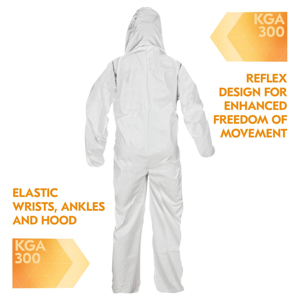 KleenGuard™ KGA300 Liquid & Particle Surface Prep & Paint Protection Coveralls (41506), Zipper Front, Elastic Wrists, Ankles & Hood, White, Reflex Design, XL (Qty 25) - 41506