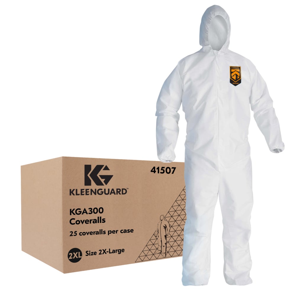 KleenGuard™ KGA300 Liquid & Particle Surface Prep & Paint Protection Coveralls (41507), Zipper Front, Elastic Wrists, Ankles & Hood, White, Reflex Design, 2XL (Qty 25) - 41507