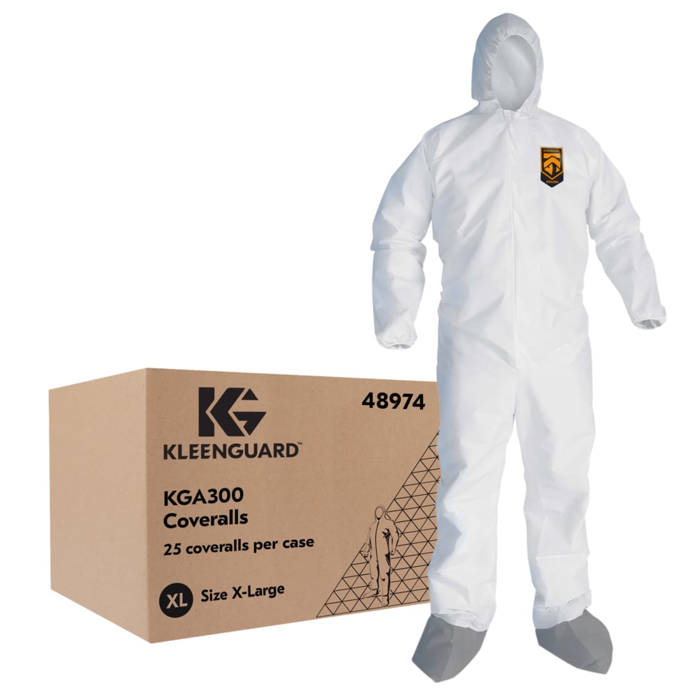 KleenGuard™ KGA300 Liquid & Particle Surface Prep & Paint Protection Coveralls (48974), Zipper Front, Elastic Wrists, Ankles, Hood & Boots, White, Grey Boots, Reflex Design, XL (Qty 25) - 48974