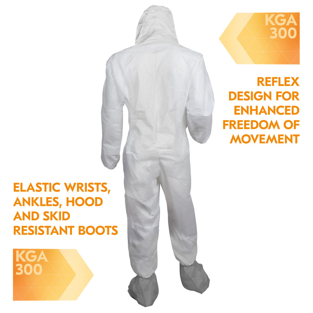 KleenGuard™ KGA300 Liquid & Particle Surface Prep & Paint Protection Coveralls (48972), Zipper Front, Elastic Wrists, Ankles, Hood & Boots, White, Grey Boots, Reflex Design, Medium (Qty 25) - 48972