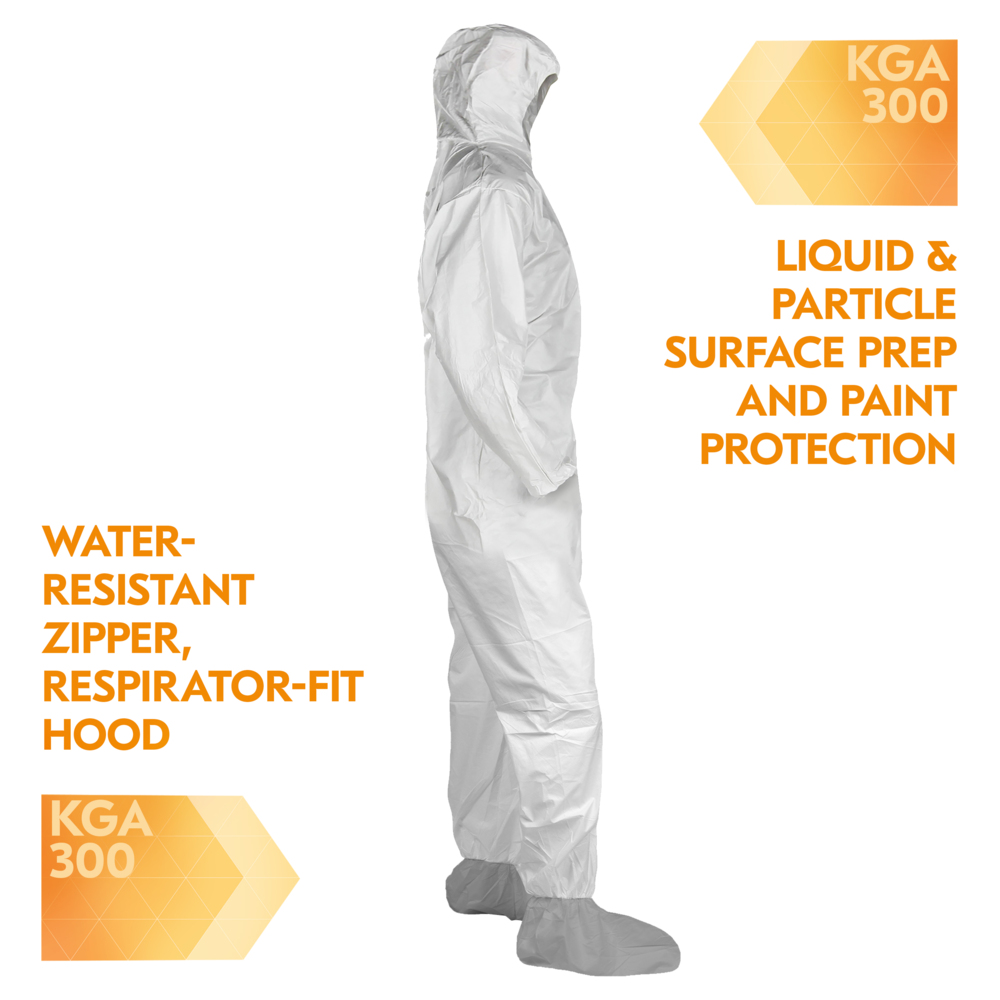 KleenGuard™ KGA300 Liquid & Particle Surface Prep & Paint Protection Coveralls (48972), Zipper Front, Elastic Wrists, Ankles, Hood & Boots, White, Grey Boots, Reflex Design, Medium (Qty 25) - 48972