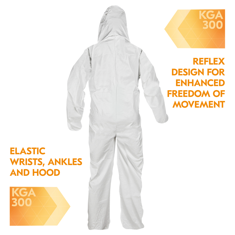 KleenGuard™ KGA300 Liquid & Particle Surface Prep & Paint Protection Coveralls (41509), Zipper Front, Elastic Wrists, Ankles & Hood, White, Reflex Design, 4XL (Qty 25) - 41509