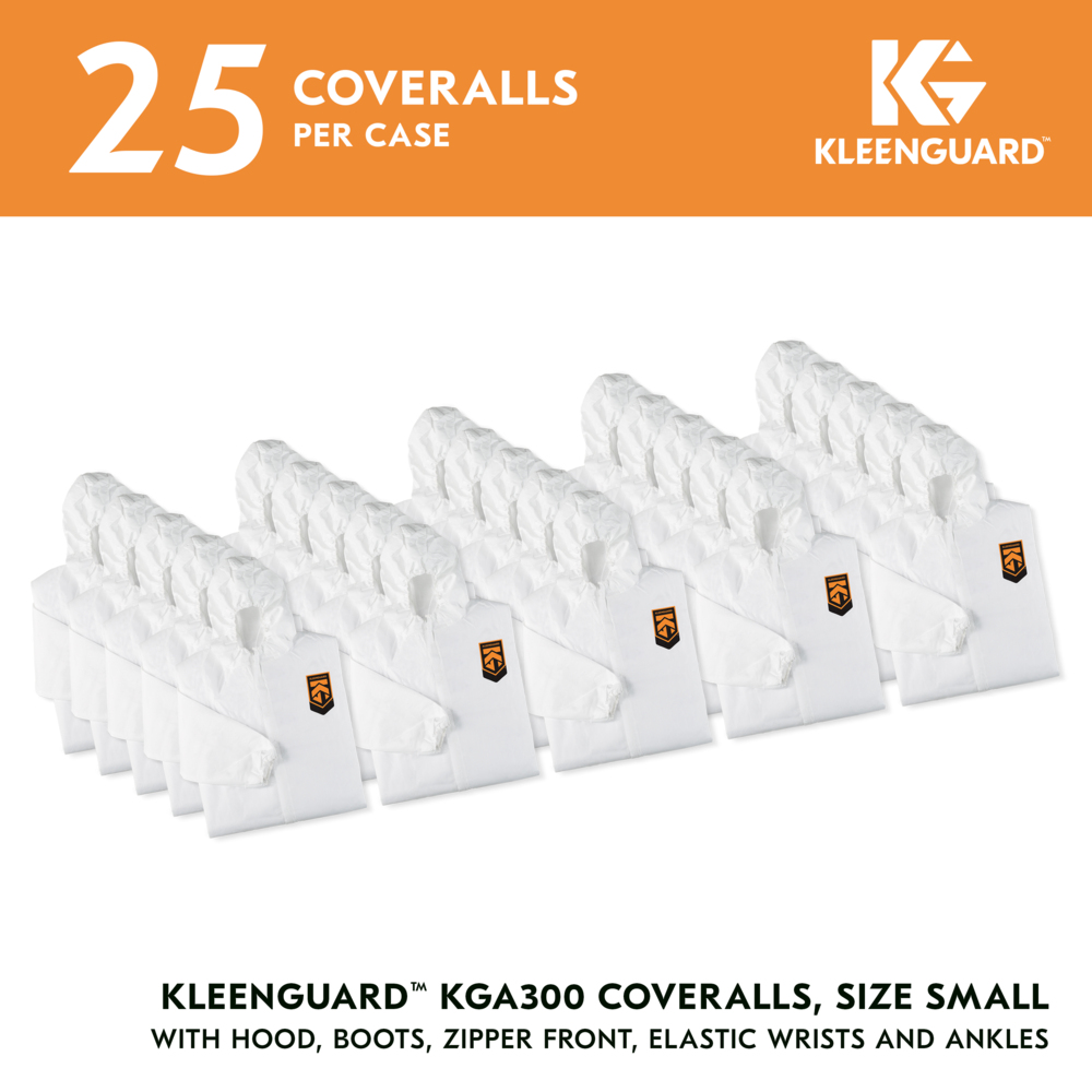 KleenGuard™ KGA300 Liquid & Particle Surface Prep & Paint Protection Coveralls (48971), Zipper Front, Elastic Wrists, Ankles, Hood & Boots, White, Grey Boots, Reflex Design, Small (Qty 25) - 48971