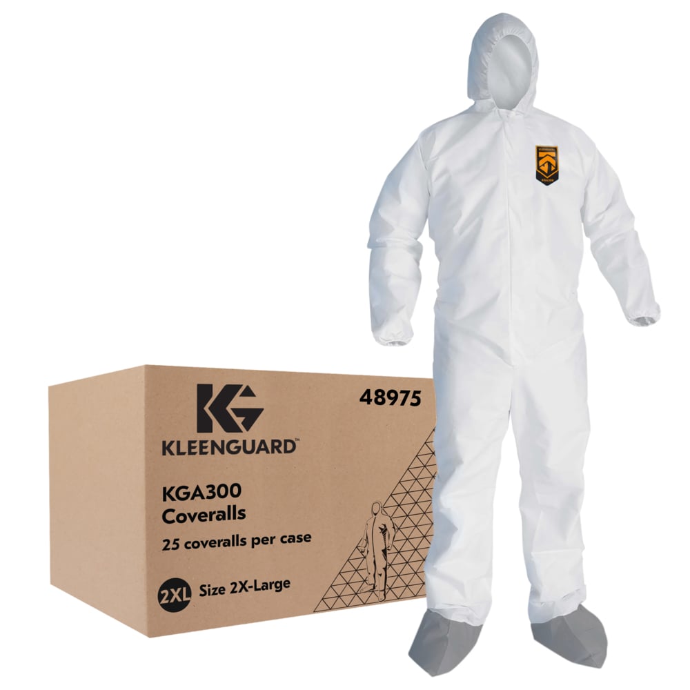 KleenGuard™ KGA300 Liquid & Particle Surface Prep & Paint Protection Coveralls (48975), Zipper Front, Elastic Wrists, Ankles, Hood & Boots, White, Grey Boots, Reflex Design, 2XL (Qty 25) - 48975