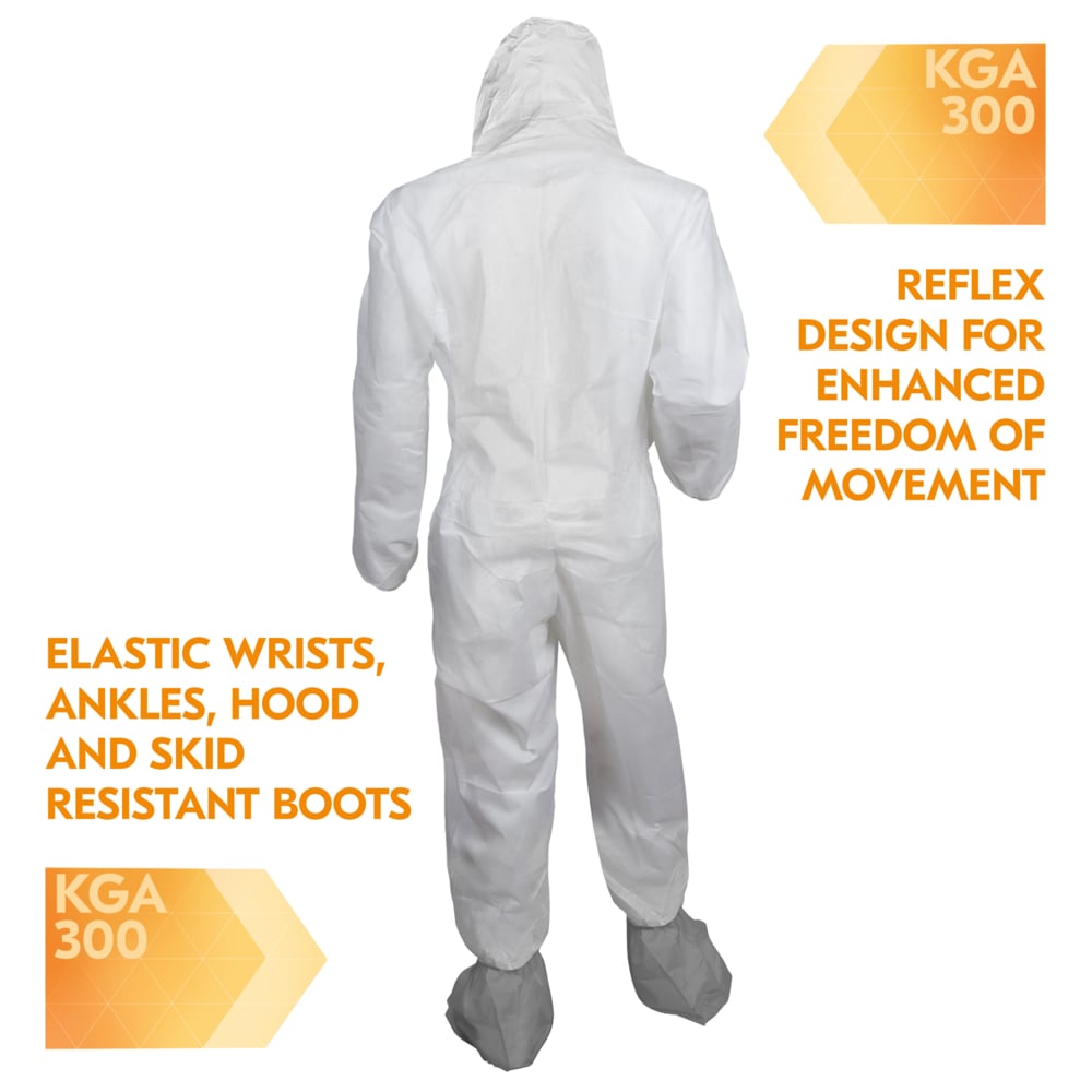 KleenGuard™ KGA300 Liquid & Particle Surface Prep & Paint Protection Coveralls (48973), Zipper Front, Elastic Wrists, Ankles, Hood & Boots, White, Grey Boots, Reflex Design, Large (Qty 25) - 48973