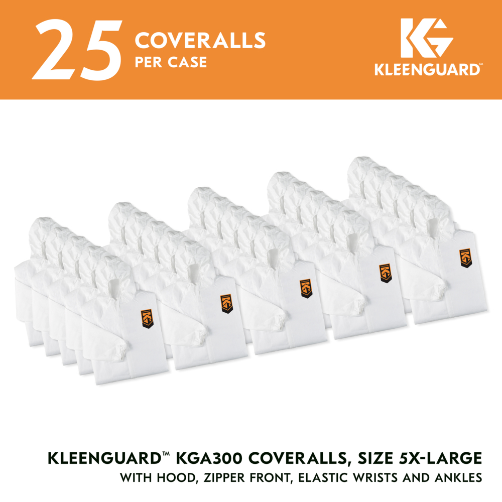 KleenGuard™ KGA300 Liquid & Particle Surface Prep & Paint Protection Coveralls (55695), Zipper Front, Elastic Wrists, Ankles & Hood , White, Reflex Design, 5XL (Qty 25) - 55695