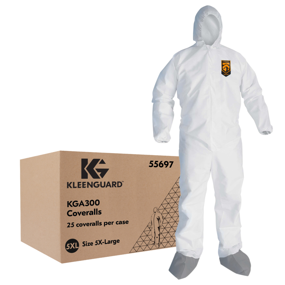 KleenGuard™ KGA300 Liquid & Particle Surface Prep & Paint Protection Coveralls (55697), Zipper Front, Elastic Wrists, Ankles, Hood & Boots, White, Grey Boots, Reflex Design, 5XL (Qty 25) - 55697