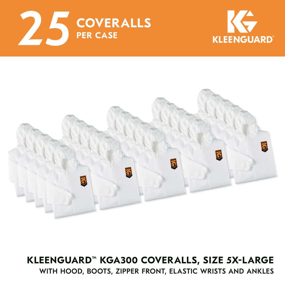 KleenGuard™ KGA300 Liquid & Particle Surface Prep & Paint Protection Coveralls (55697), Zipper Front, Elastic Wrists, Ankles, Hood & Boots, White, Grey Boots, Reflex Design, 5XL (Qty 25) - 55697