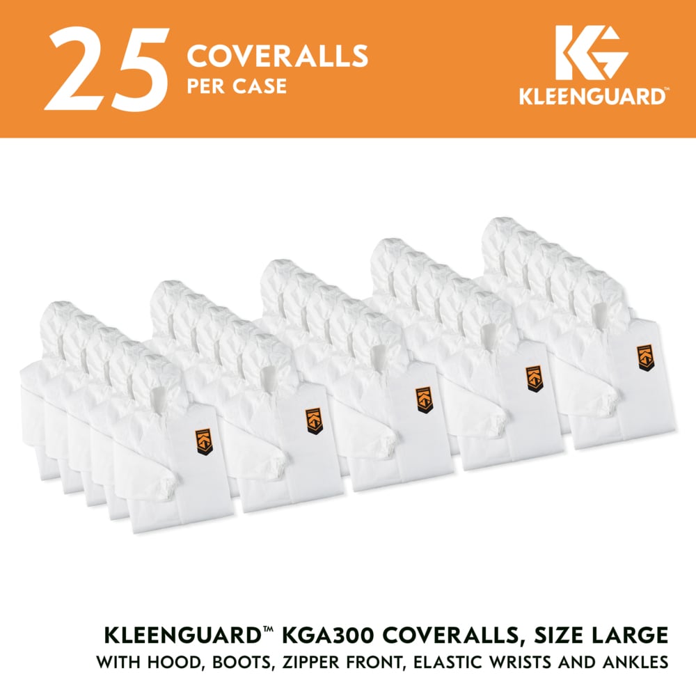 KleenGuard™ KGA300 Liquid & Particle Surface Prep & Paint Protection Coveralls (48973), Zipper Front, Elastic Wrists, Ankles, Hood & Boots, White, Grey Boots, Reflex Design, Large (Qty 25) - 48973