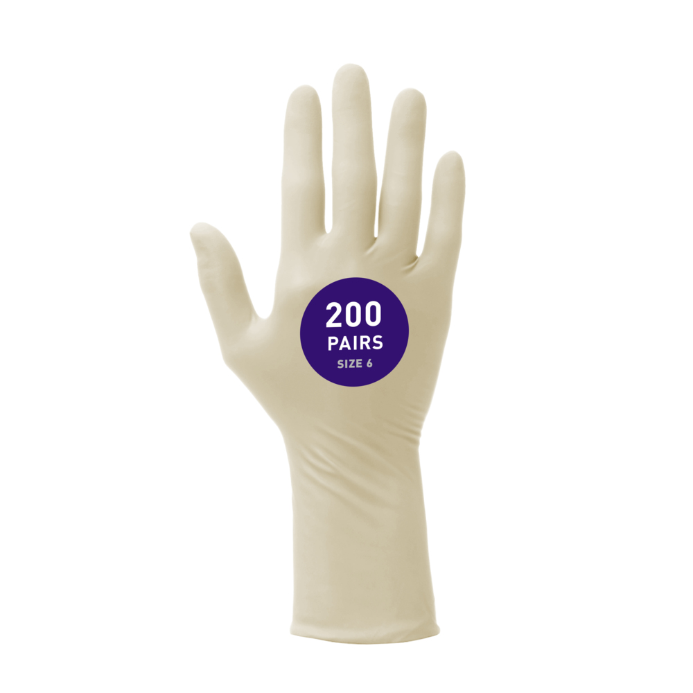 Gants en latex stériles Kimtech™ G3 (56843), salles blanches de classe ISO 3 ou supérieure, 8 mils, gants de conception main droite et main gauche, 30,5 cm (12 po), taille 6, couleur naturelle, 20 paires/sac, 10 sacs/caisse, 200 paires/caisse - 56843