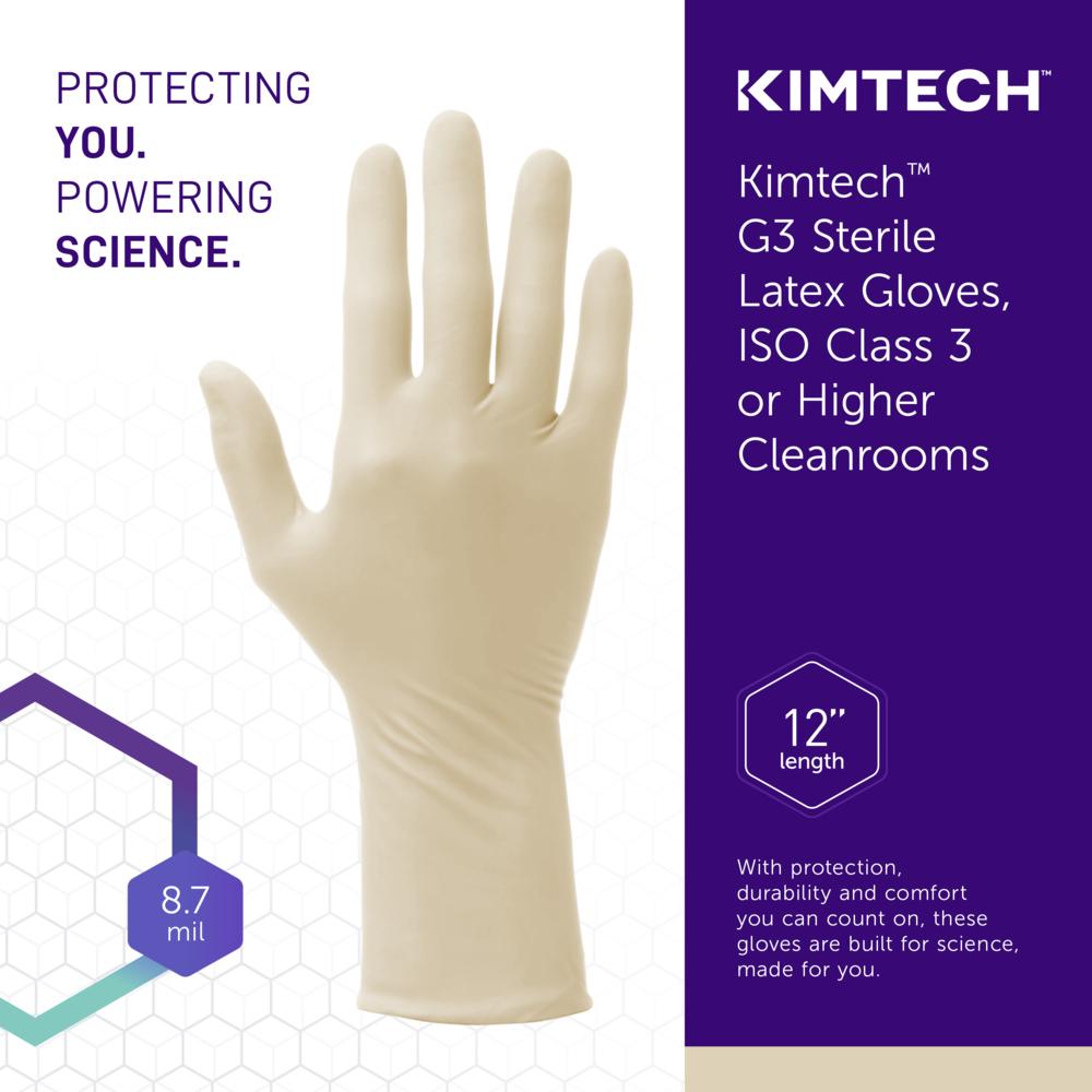 Kimtech™ G3 Sterile Latex Gloves (56843), ISO Class 3 or Higher Cleanrooms, 8 Mil, Hand Specific, 12”, Size 6.0, Natural Color, 20 Pairs/Bag, 10 Bags/Case; 200 Pairs / Case - 56843