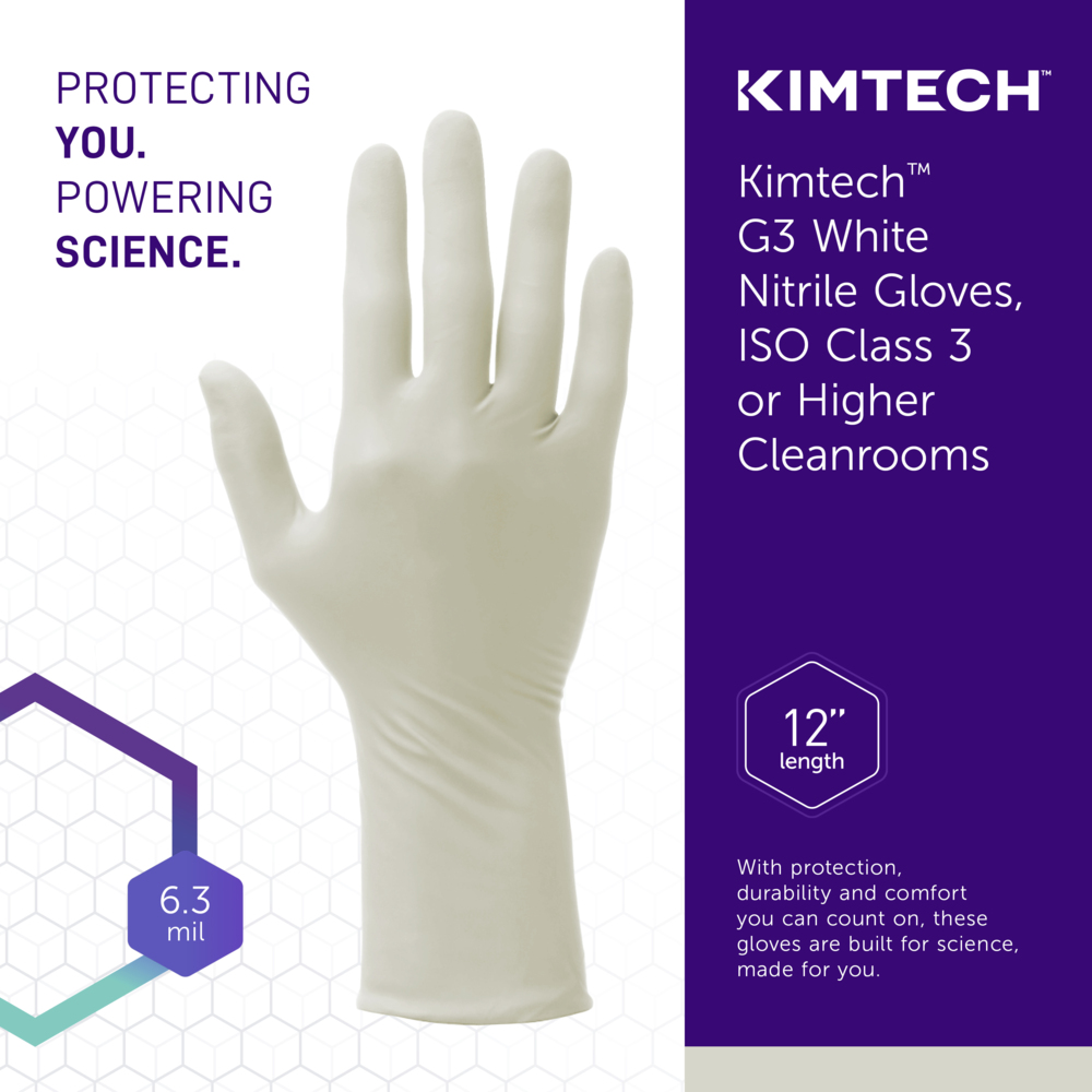 Kimtech™ G3 White Nitrile Gloves (56881), 6.3 Mil, Ambidextrous, 12", ISO Class 3 or Higher Cleanrooms, Double Bagged, S (100 Gloves/Bag, 10 Bags/Case, 1,000 Gloves/Case) - 56881