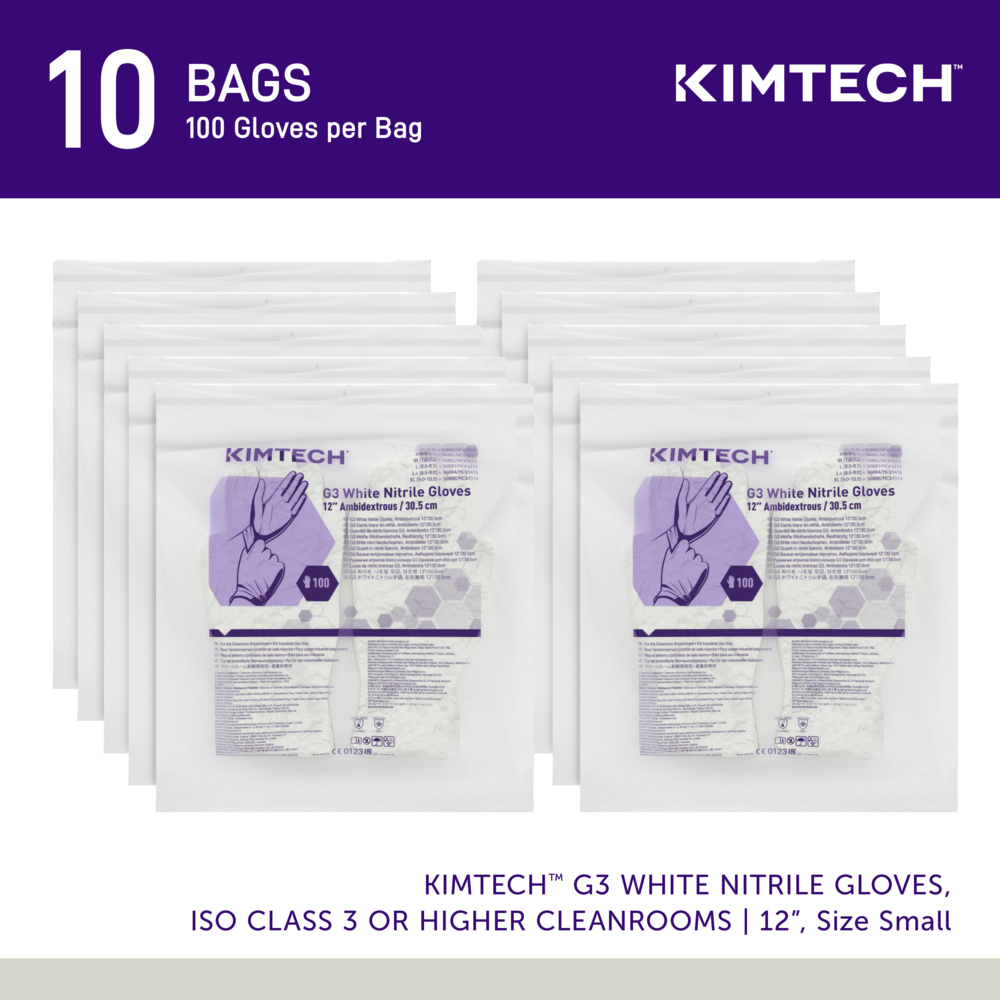 Kimtech™ G3 White Nitrile Gloves (56881), 6.3 Mil, Ambidextrous, 12", ISO Class 3 or Higher Cleanrooms, Double Bagged, S (100 Gloves/Bag, 10 Bags/Case, 1,000 Gloves/Case) - 56881