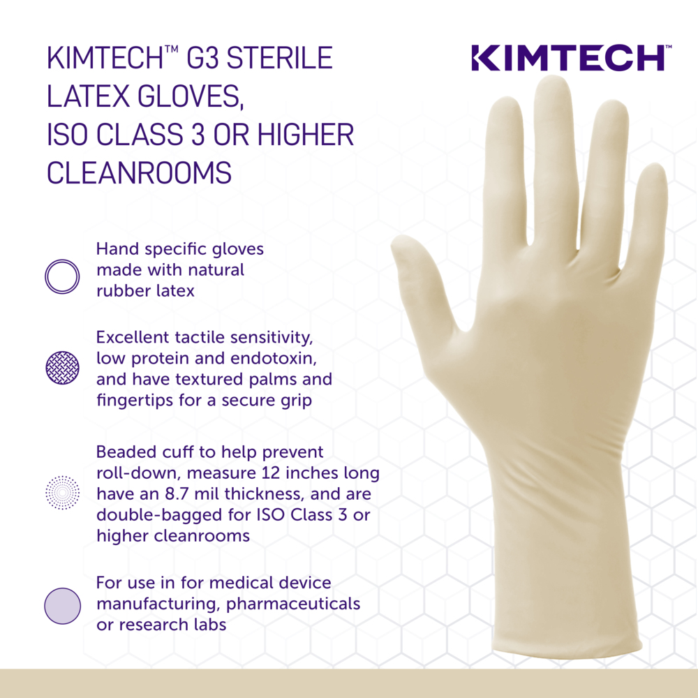 Kimtech™ G3 Sterile Latex Gloves (56842), ISO Class 3 or Higher Cleanrooms, 8 Mil, Hand Specific, 12”, Size 10.0, Natural Color, 20 Pairs/Bag, 10 Bags/Case; 200 Pairs / Case - 56842