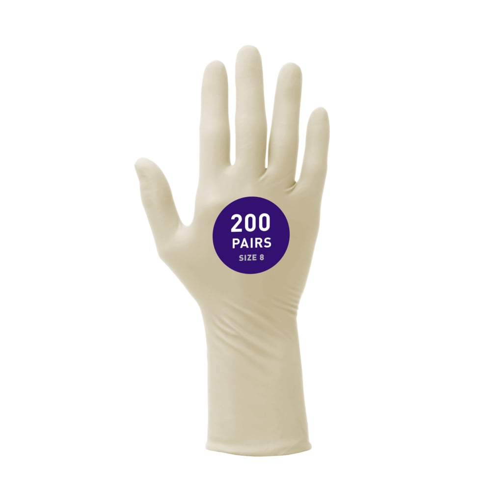 Gants en latex stériles Kimtech™ G3 (56847), salles blanches de classe ISO 3 ou supérieure, 8 mils, gants de conception main droite et main gauche, 30,5 cm (12 po), taille 8, naturels, 20 paires/sac, 10 sacs/caisse, 200 paires/caisse - 56847