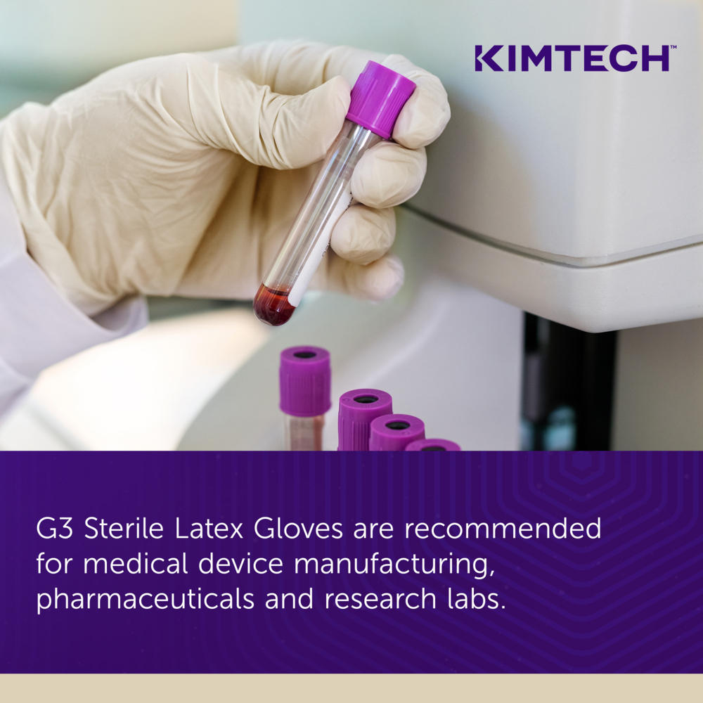 Kimtech™ G3 Sterile Latex Gloves (56844), ISO Class 3 or Higher Cleanrooms, 8 Mil, Hand Specific, 12”, Size 6.5, Natural Color, 20 Pairs/Bag, 10 Bags/Case; 200 Pairs / Case - 56844