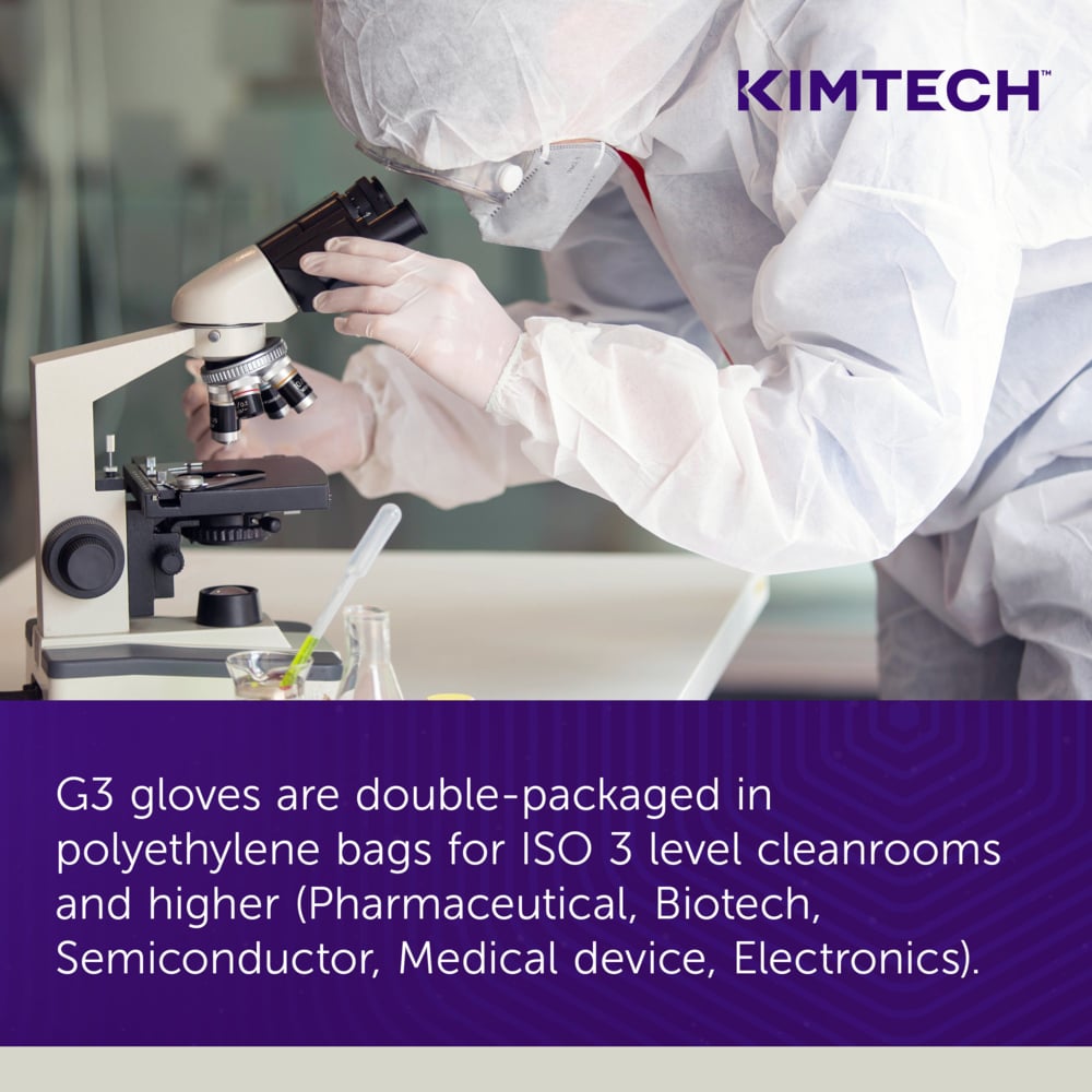 Kimtech™ G3 White Nitrile Gloves (56882), 6.3 Mil, Ambidextrous, 12", ISO Class 3 or Higher Cleanrooms, Double Bagged, M (100 Gloves/Bag, 10 Bags/Case, 1,000 Gloves/Case) - 56882