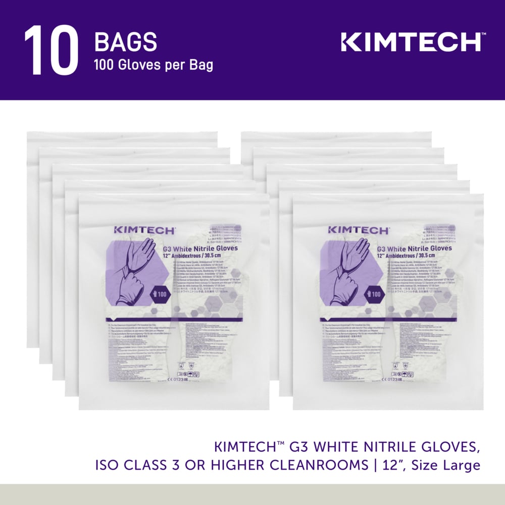 Kimtech™ G3 White Nitrile Gloves (56883), 6.3 Mil, Ambidextrous, 12", ISO Class 3 or Higher Cleanrooms, Double Bagged, L (100 Gloves/Bag, 10 Bags/Case, 1,000 Gloves/Case) - 56883