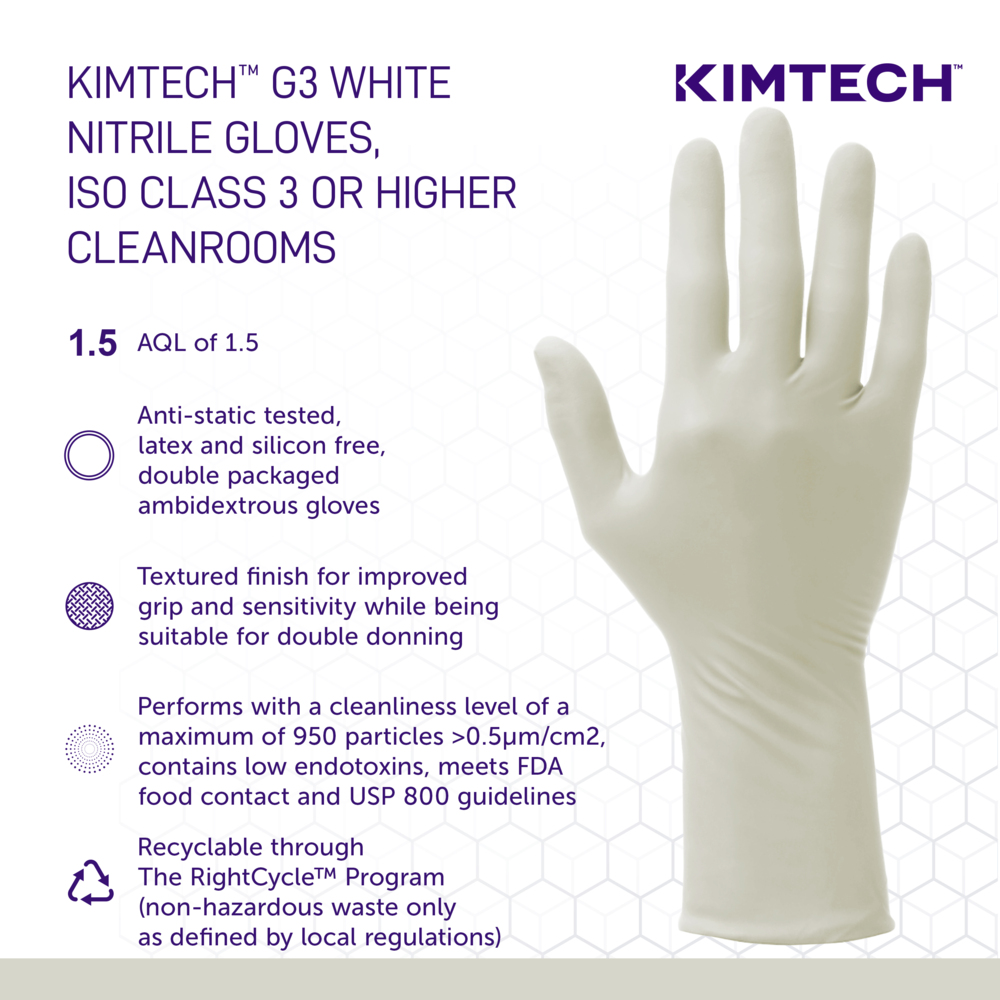 Kimtech™ G3 White Nitrile Gloves (56883), 6.3 Mil, Ambidextrous, 12", ISO Class 3 or Higher Cleanrooms, Double Bagged, L (100 Gloves/Bag, 10 Bags/Case, 1,000 Gloves/Case) - 56883