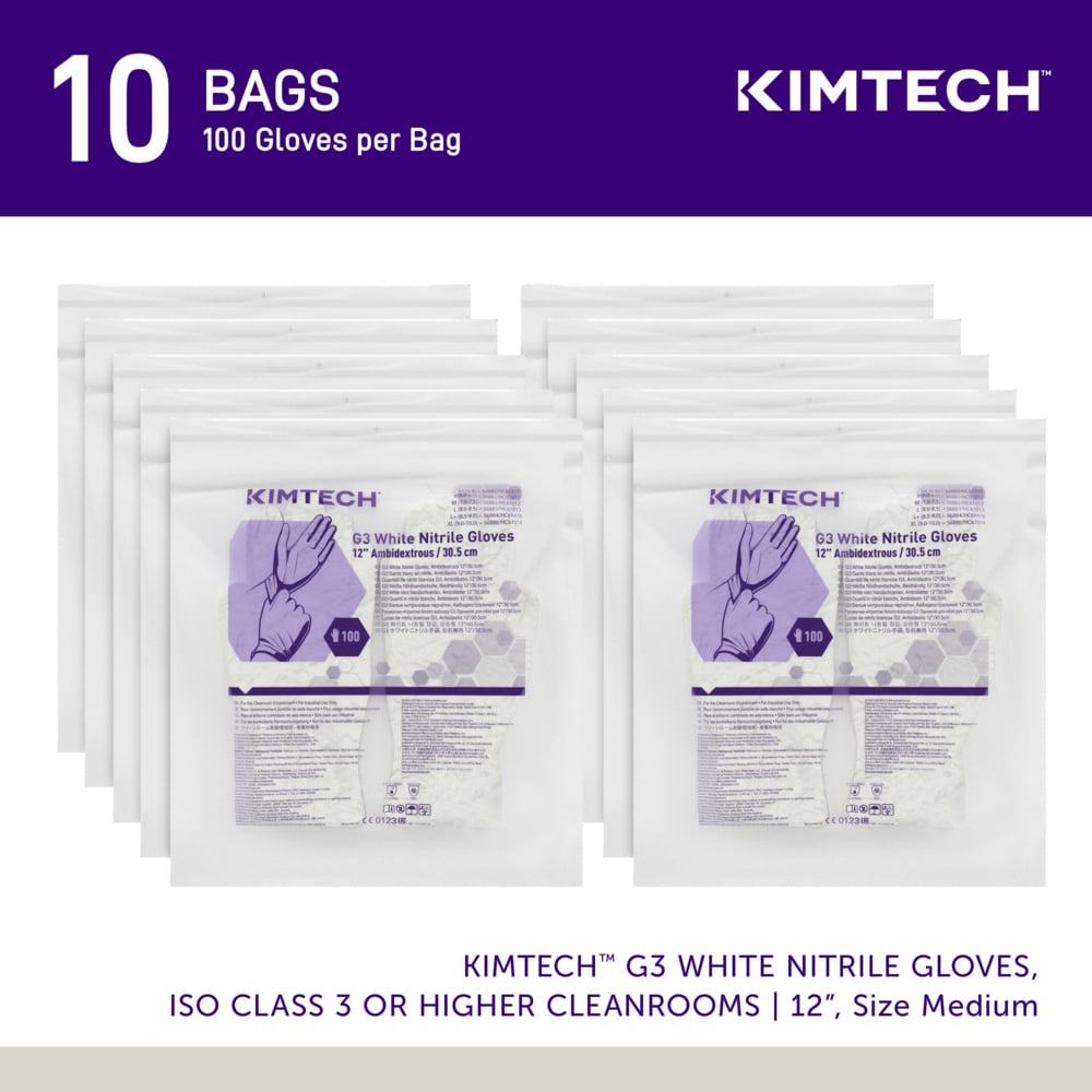 Kimtech™ G3 White Nitrile Gloves (56882), 6.3 Mil, Ambidextrous, 12", ISO Class 3 or Higher Cleanrooms, Double Bagged, M (100 Gloves/Bag, 10 Bags/Case, 1,000 Gloves/Case) - 56882