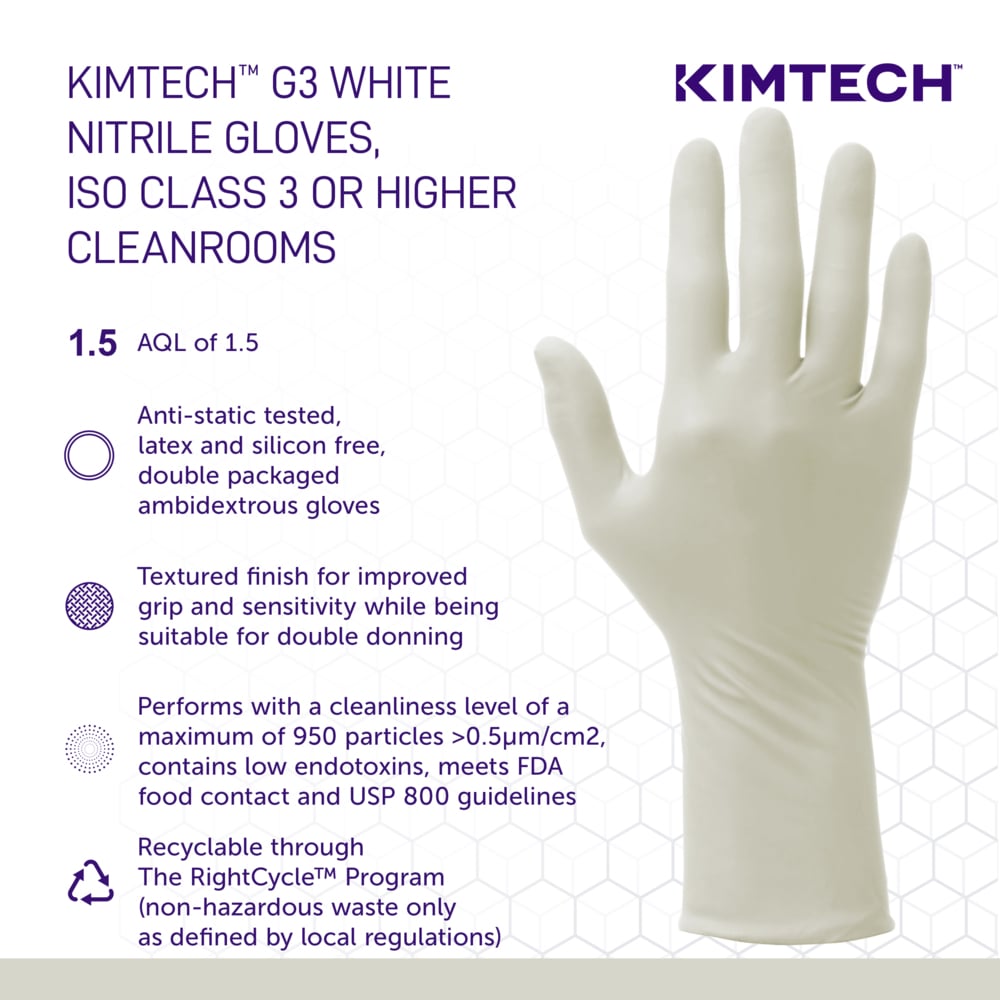 Kimtech™ G3 White Nitrile Gloves (56886), 6.3 Mil, Ambidextrous, 12", ISO Class 3 or Higher Cleanrooms, Double Bagged, XL (100 Gloves/Bag, 10 Bags/Case, 1,000 Gloves/Case) - 56886