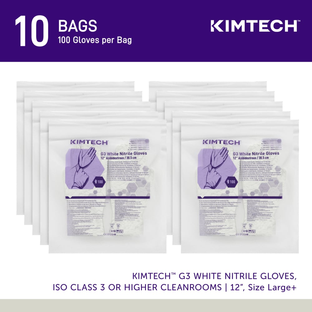 Kimtech™ G3 White Nitrile Gloves (56884), 6.3 Mil, Ambidextrous, 12", ISO Class 3 or Higher Cleanrooms, Double Bagged, L+ (100 Gloves/Bag, 10 Bags/Case, 1,000 Gloves/Case) - 56884