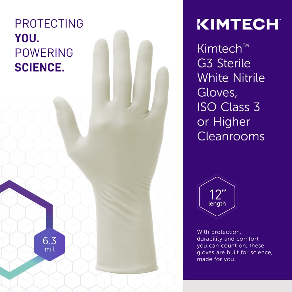 Kimtech™ G3 Sterile White Nitrile Gloves (56888), ISO Class 3 or Higher Cleanrooms, 6 Mil, Hand Specific, 12”, Size 6.0, 200 Pairs / Case, 10 Bags of 20 Pairs - 56888