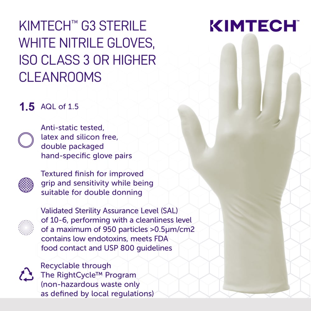 Kimtech™ G3 Sterile White Nitrile Gloves (56890), ISO Class 3 or Higher Cleanrooms, 6 Mil, Hand Specific, 12”, Size 7.0, 200 Pairs / Case, 10 Bags of 20 Pairs - 56890