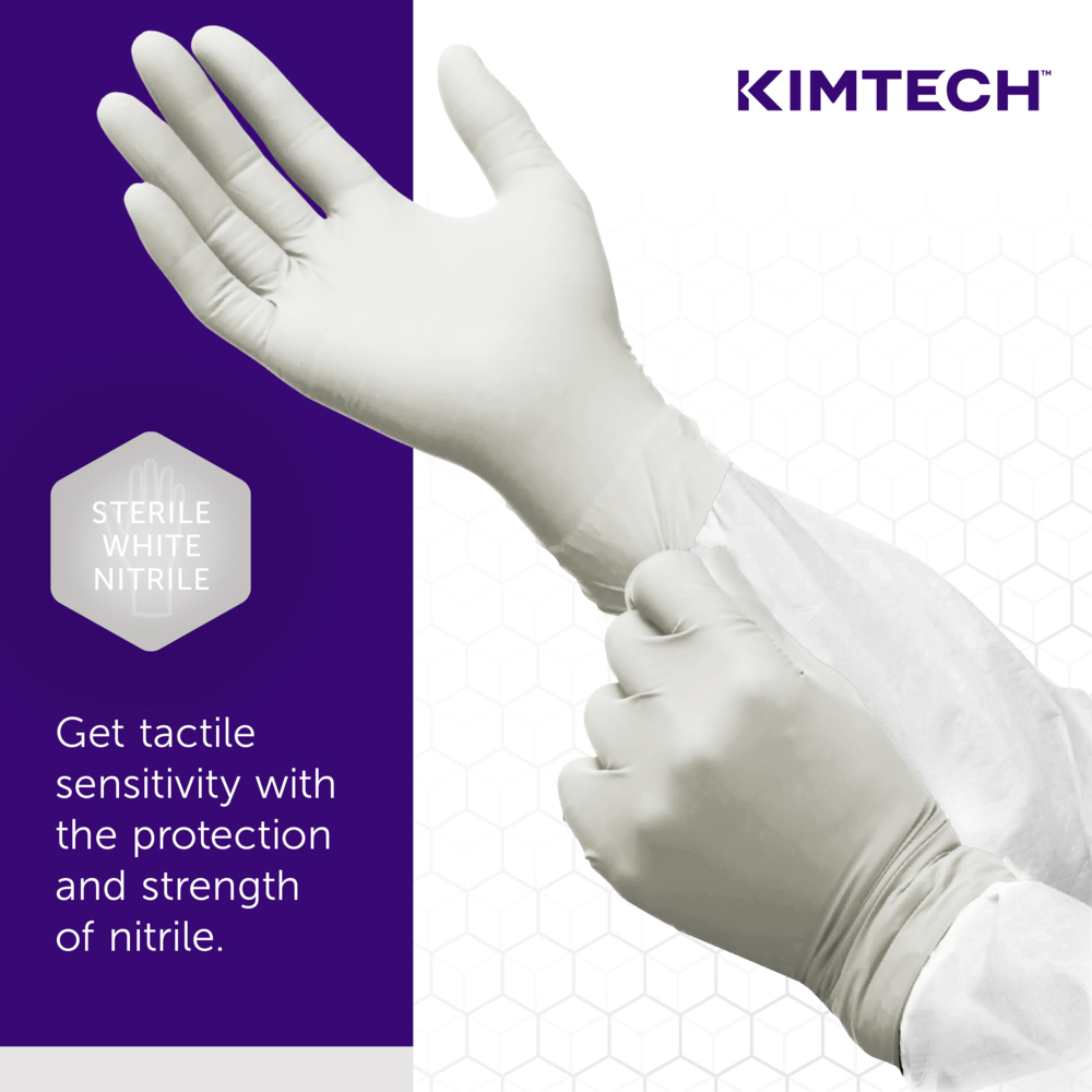 Kimtech™ G3 Sterile White Nitrile Gloves (56893), ISO Class 3 or Higher Cleanrooms, 6 Mil, Hand Specific, 12”, Size 8.5, 200 Pairs / Case, 10 Bags of 20 Pairs - 56893