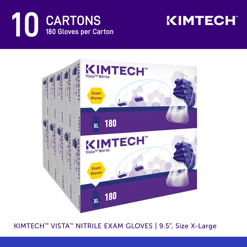 Kimtech™ Vista™ Nitrile Exam Gloves (62829), 4.3 Mil, Ambidextrous, Beaded Cuff, Textured Fingertips, 9.5", XL (180 Gloves/Box, 10 Boxes/Case, 1,800 Gloves/Case) - 62829