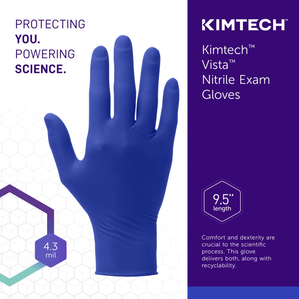 Kimtech™ Vista™ Nitrile Exam Gloves (62826), 4.3 Mil, Ambidextrous, Beaded Cuff, Textured Fingertips, 9.5", Small (200 Gloves/Box, 10 Boxes/Case, 2,000 Gloves/Case) - 62826