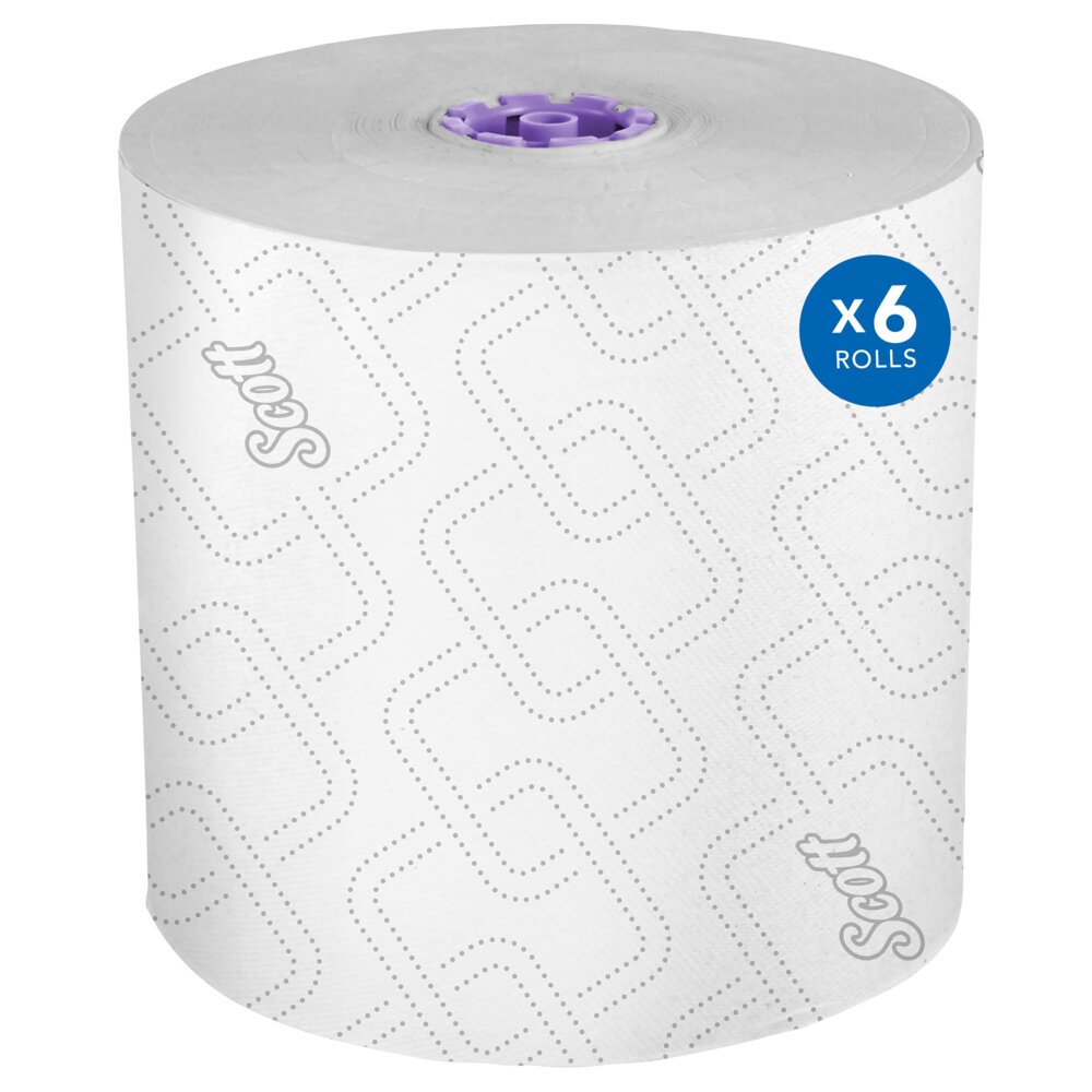 Essuie-mains en rouleau grande capacité Scott® Essential (02001), avec design rehaussé et technologie Absorbency Pockets™ pour les distributrices avec mandrin violet, blancs, non perforés (950 pi/rouleau, 6 rouleaux/caisse, 5 700 pi/caisse) - 02001