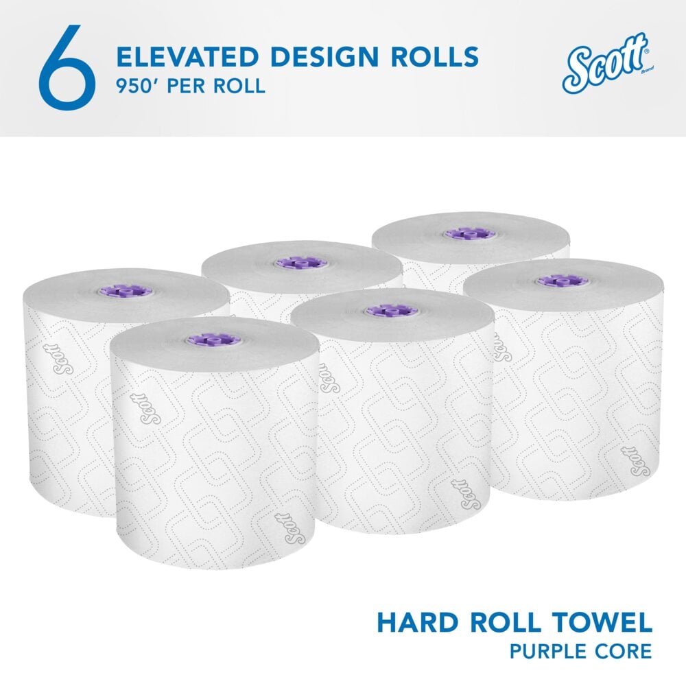 Scott® Essential High-Capacity Hard Roll Towels (02001), with Elevated Design and Absorbency Pockets™, for Purple Core Dispensers, White, Unperforated, (950'/Roll, 6 Rolls/Case, 5,700'/Case) - 02001