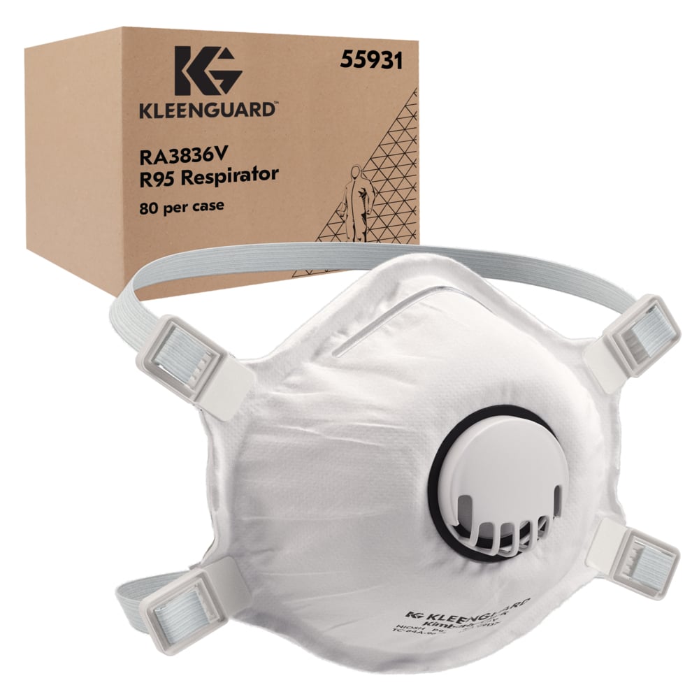 KleenGuard™ 3800 Series P95OV Particulate Respirator (55931), RA3836V Molded Cup Style, NIOSH-Approved, Exhalation Valve, Regular, White (10 Respirators/Box, 8 Boxes/Case, 80 Respirators/Case) - 55931