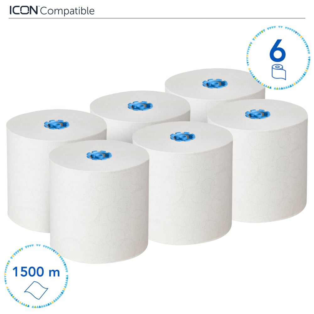 Rouleaux d'essuie-mains Kleenex® 6646 - rouleaux d'essuie-mains en papier E-Roll grand format - 6 x rouleaux de 250 m d'essuie-mains en papier blanc (1 500 m au total) - 6646