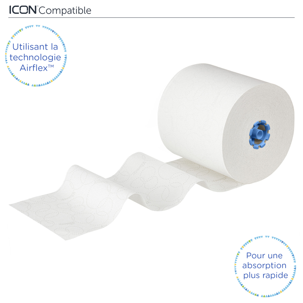 Rouleaux d'essuie-mains Kleenex® 6646 - rouleaux d'essuie-mains en papier E-Roll grand format - 6 x rouleaux de 250 m d'essuie-mains en papier blanc (1 500 m au total) - 6646