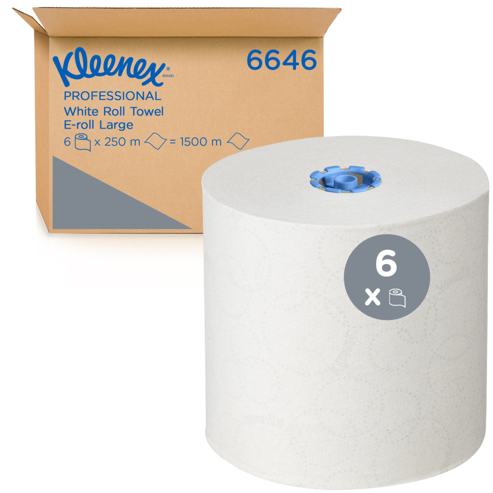 Kleenex® Papierhandtücher auf Rollen, 6646 – E-Roll-Großrolle für Handtücher – 6 x 250 m weiße Papierhandtuchrollen (insg. 1.500 m) - 6646